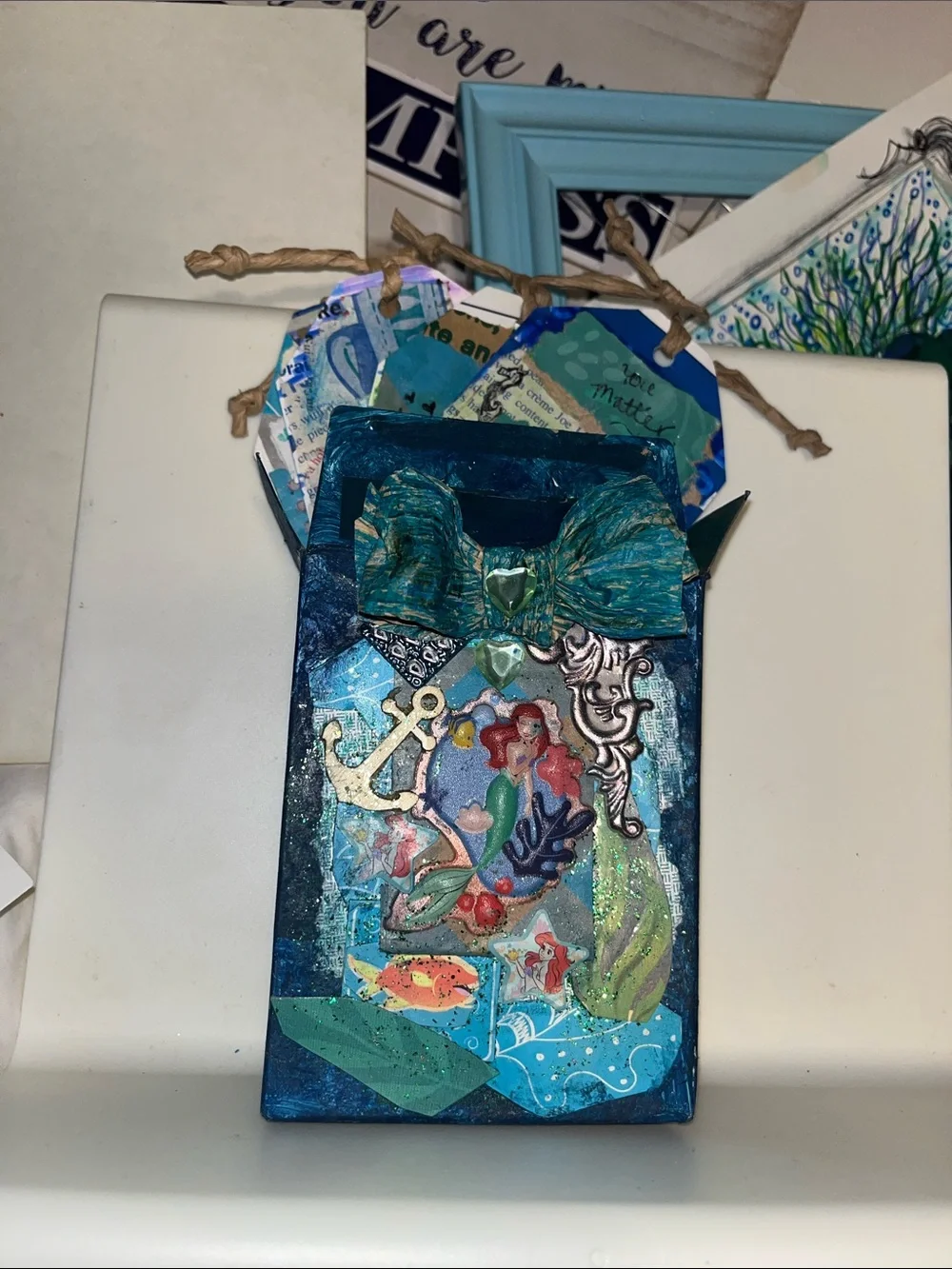1of a kind new upcycled Handmade Mermaid ocean Mixed-Media treasure art card box